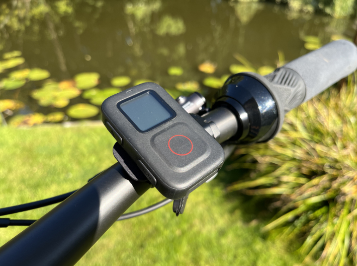 Vertical handlebar mount for GoPro The Remote  3d printed Example  the remote attached to mount on Example mount placed on handlebar