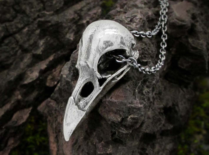 Medium Raven Skull Necklace 3d printed Raven skull pendant in antique silver