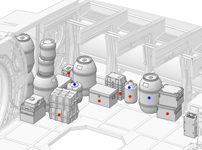 ​De Ago Falcon hold details A: ESB floor barrels 3d printed Red dot: object in area where no photos are available. Blue dot: object that's in different locations for different scenes. Walls not included!