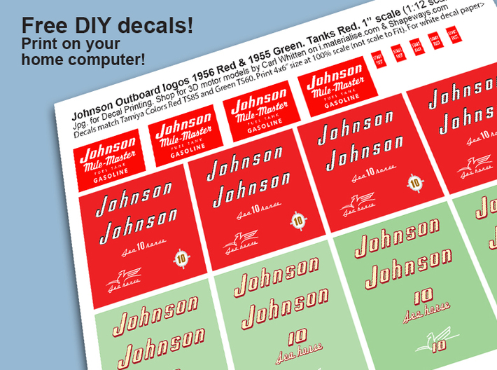 Vintage 1950s Johnson Outboard & Tank 3d printed Link to download image for DIY decal. Decals not included.