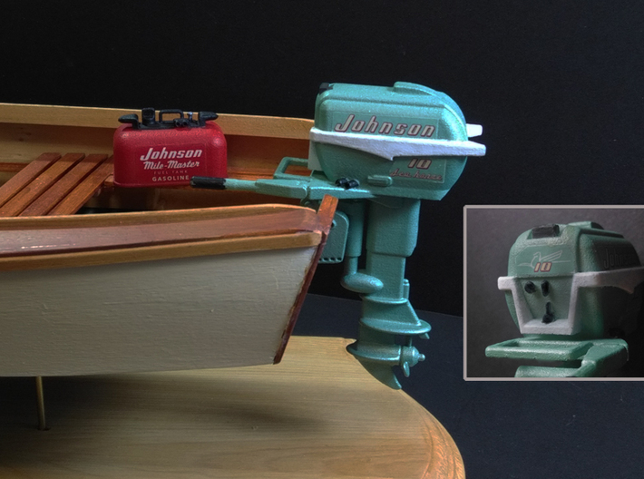 Vintage 1950s Johnson Outboard &amp; Tank 3d printed Painted and decals on. Does not come painted.