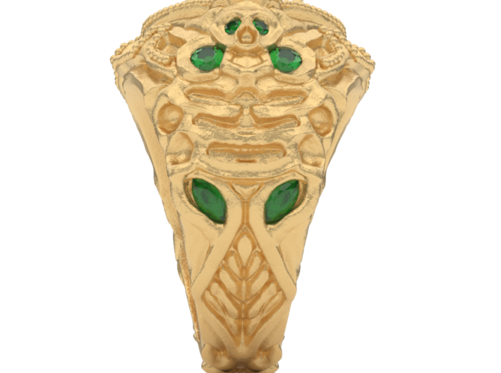 TODOSPIRE LTD CO SKELLY RING 3d printed side view in polished brass with emeralds
