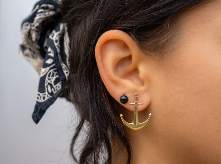 Anchor - Post Earrings 3d printed Natural Brass