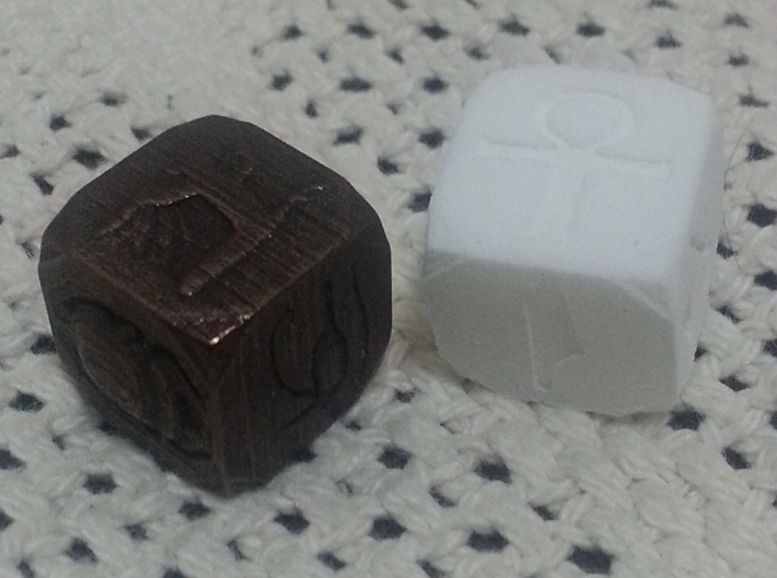 Egyptian Themed Die 3d printed White Strong Flexible and Polished Bronze Steel