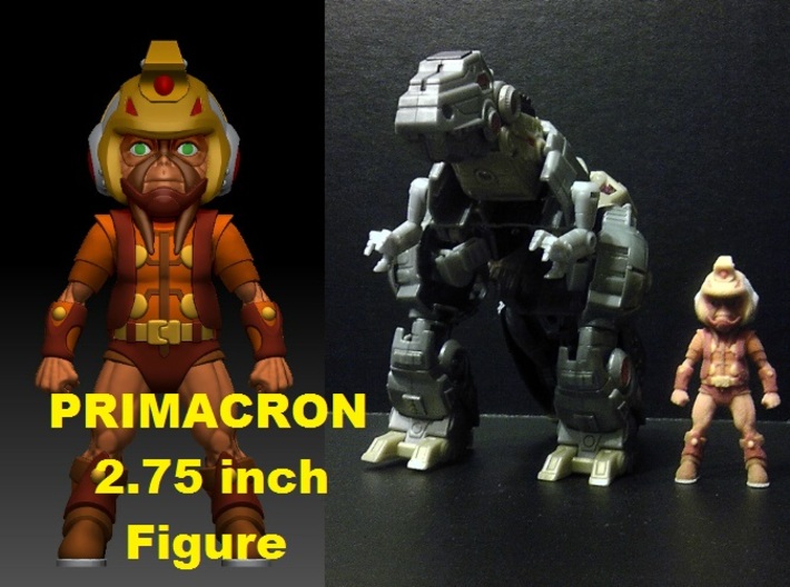 Primacron homage Space Monkey 2.75inch Transformer 3d printed Size comparison of 2.75 inch Primacron figure printed in Full Color Sandstone  with Generations Voyager Class FOC Grimlock. Grimlock figure sold separately