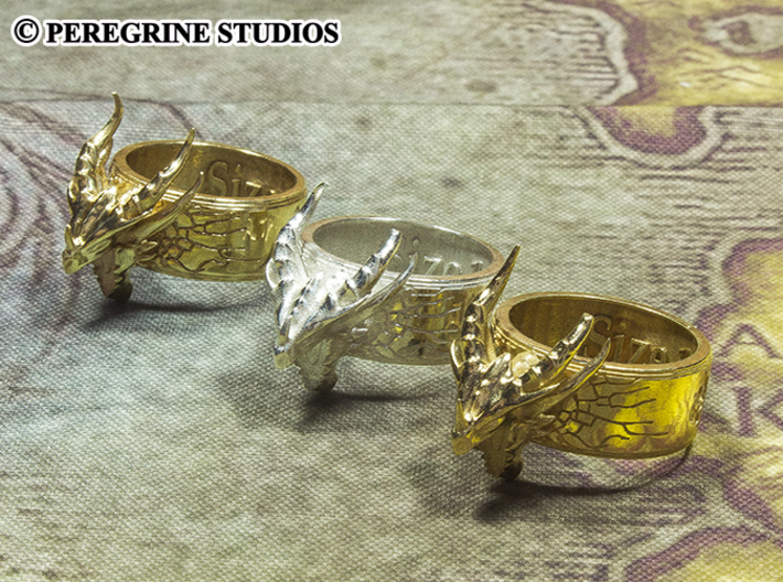 Ring - Deathring the Destroyer (Size 13) 3d printed Left to Right: Polished Brass, Polished Silver, Gold-Plated Brass