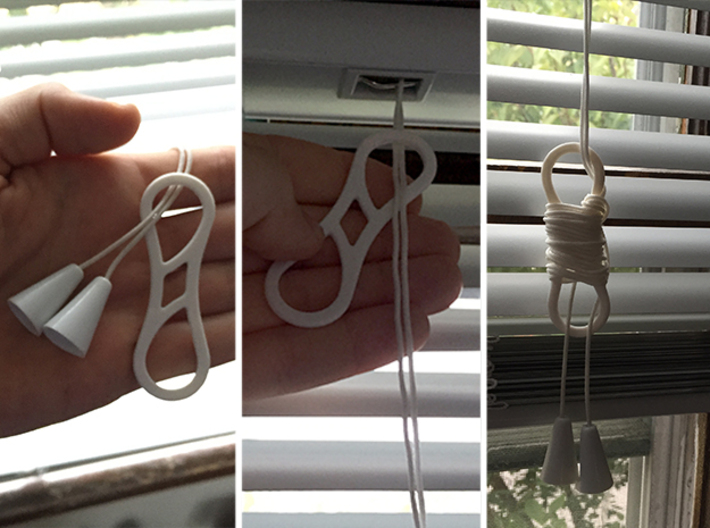 Window Blind Cord Loop 3d printed Pass the cord ends through the hole, lower the blind and bring loop to the top, wrap extra cord and thread cord ends through the bottom hole to complete.