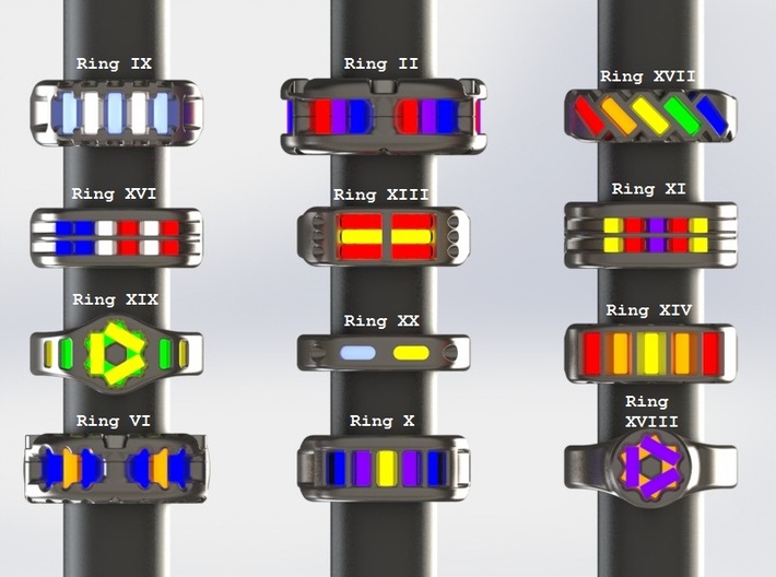 US12 Ring XI: Tritium 3d printed This render shows the various ring designs that can made available and possible tritium vial arrangements.