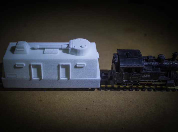 Command / Platoon / Medical Car Europe #1 (n-scale 3d printed Command car with direct fire gun stowed and on duty.