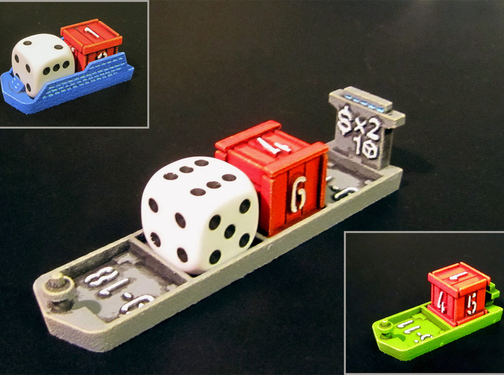 Dice / Crates (9 pcs) 3d printed Picture showing compatibility with various ships (12mm regular die for scale).