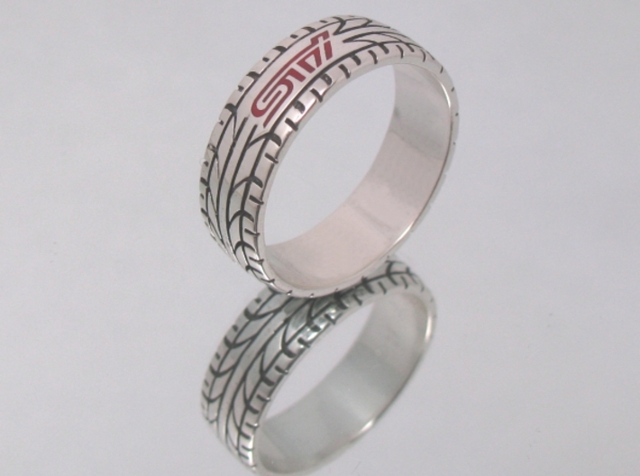 Subaru STI ring - 18 mm (US size 8) 3d printed Polished silver and red enamel