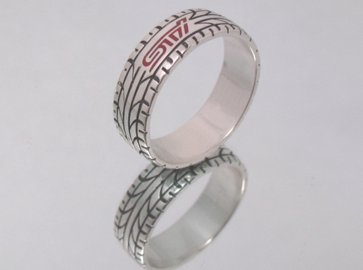 Subaru STI ring - 19 mm (US size 9) 3d printed Polished silver and red enamel