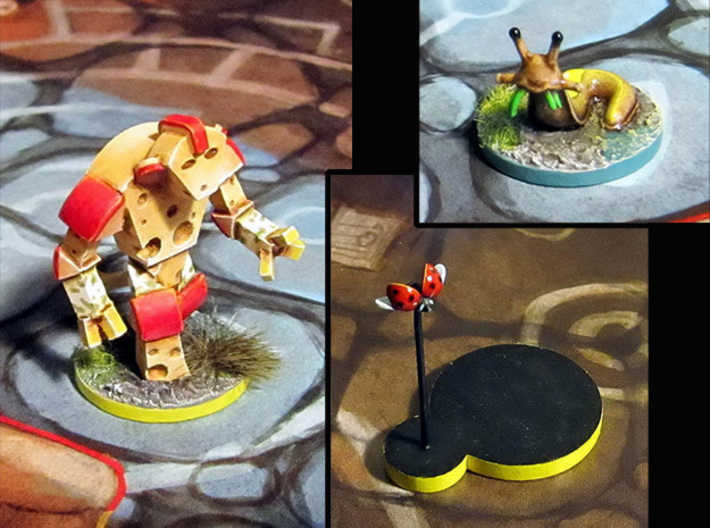 Cheese Golem, Ladybug, 4 Slugs - Mice &amp; Mystics 3d printed Models hand-painted, after quick filing and assembly. (game board with flagstones copyright Plaid Hat Games).