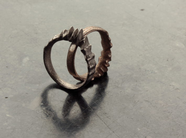 Fluctus Ring 3d printed Ring on the left is in Polished Nickel Steel and the one on the right is in Stainless Steel