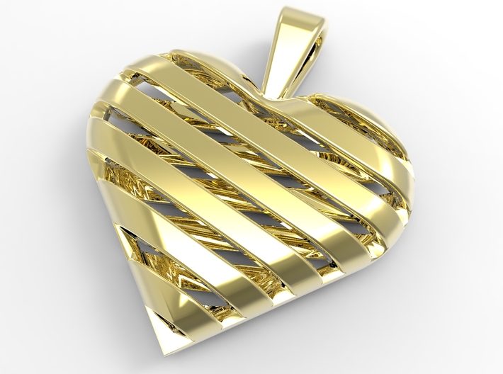 Striped heart pendant 3d printed A render in polished brass