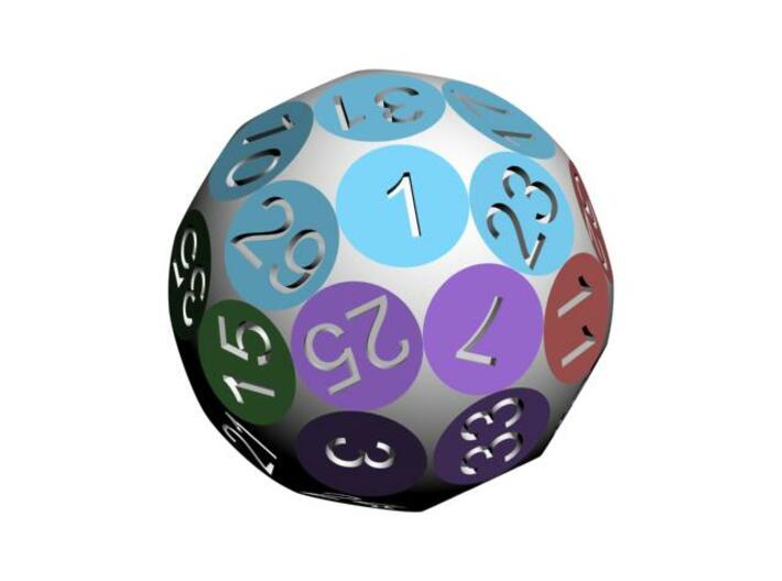 D36 Sphere Dice 3d printed D36 showing the group if six numbers with different colors