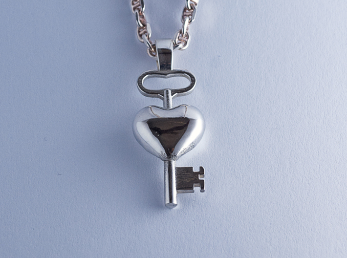 The key to a heart, 002 3d printed 925 Sterling Silver Pendant, with a hand polished glossy finish, chain not included