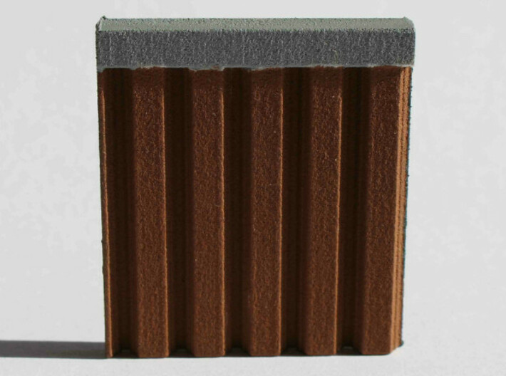 N Scale Bridge Abutment Sheet Piling (55mm) 3d printed Sample piece  of the sheet piling sheet painted brown to simulate corroded steel.. 