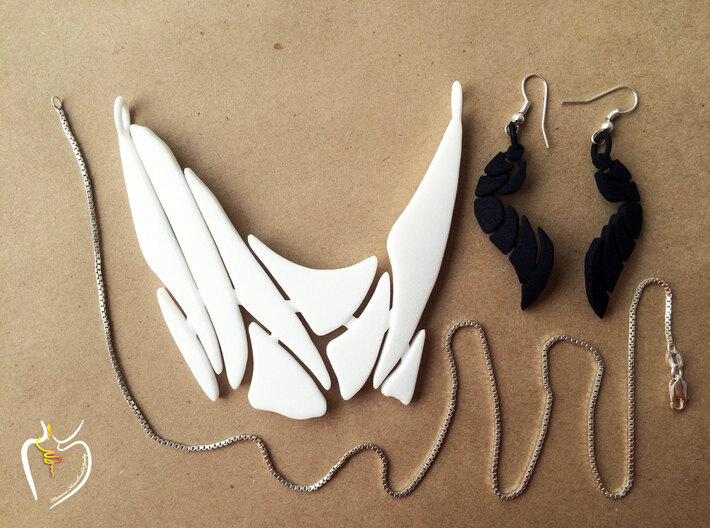 Bones Unique Necklace 3d printed Bones necklace and earrings in white and black strong and flexible