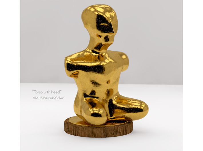 &quot;Torso with head&quot; ©2015 Eduardo Galvani 3d printed digital render - material simulation (14K Gold) with wood base (wood base not included)