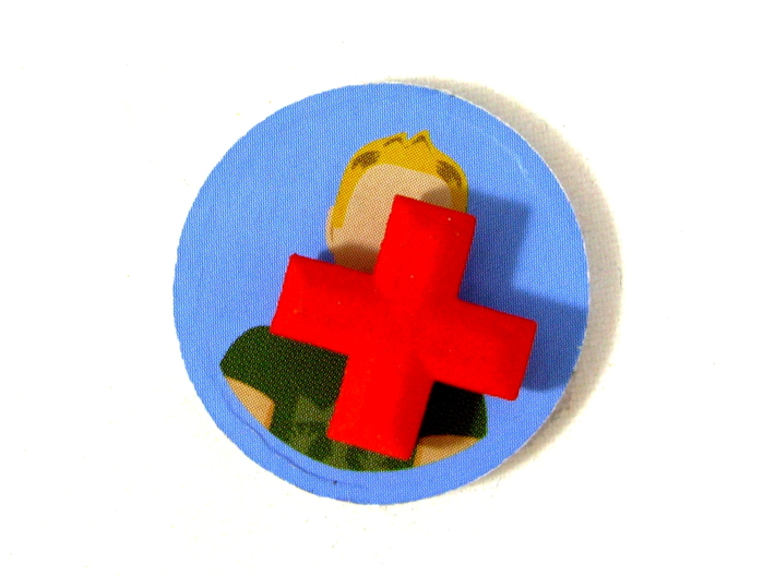 Medical Plus Signs, Set of 3 Tokens for Flash Poin 3d printed Shown on top of a victim marker from the board game