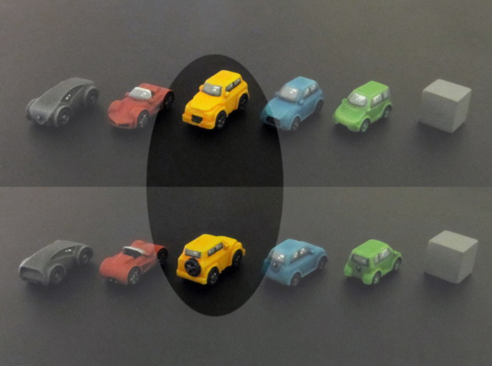 Miniature cars, SUV (8pcs) 3d printed Hand-painted car. 10mm cube on the right for scale.