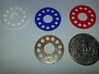 Motorcycle Sprocket Pendant or Golf Ball Marker 3d printed Materials Shown:  Raw Brass and Strong and Flexible Polished (Royal Blue, Coral Red, White)
