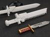 Action Figure Chainsword - Right Handed 3d printed Printed in White Natural Versatile Plastic, compared to an Action Figure Powersword and a combat knife from a 1:12 scale action figure, Left Handed version shown