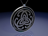 Doublesided Celtic Knot Pendant ~ 44mm(1 3/4 inch) 3d printed Front view raytraced render simulates black enamel to enhance the silver embossed design